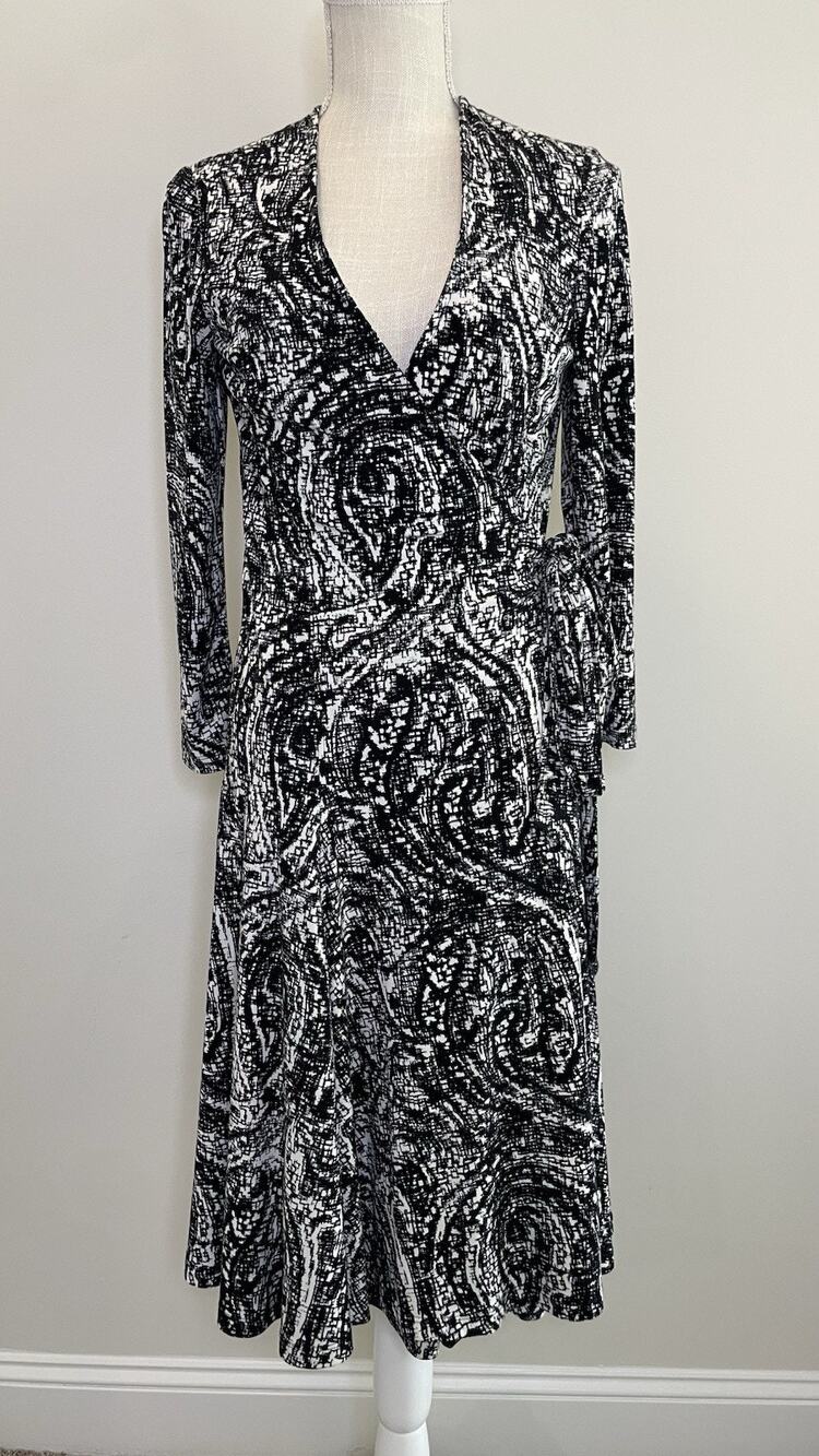 Ralph Lauren Full Wrap Easy Care Dress Abstract Print Business Black White 4
